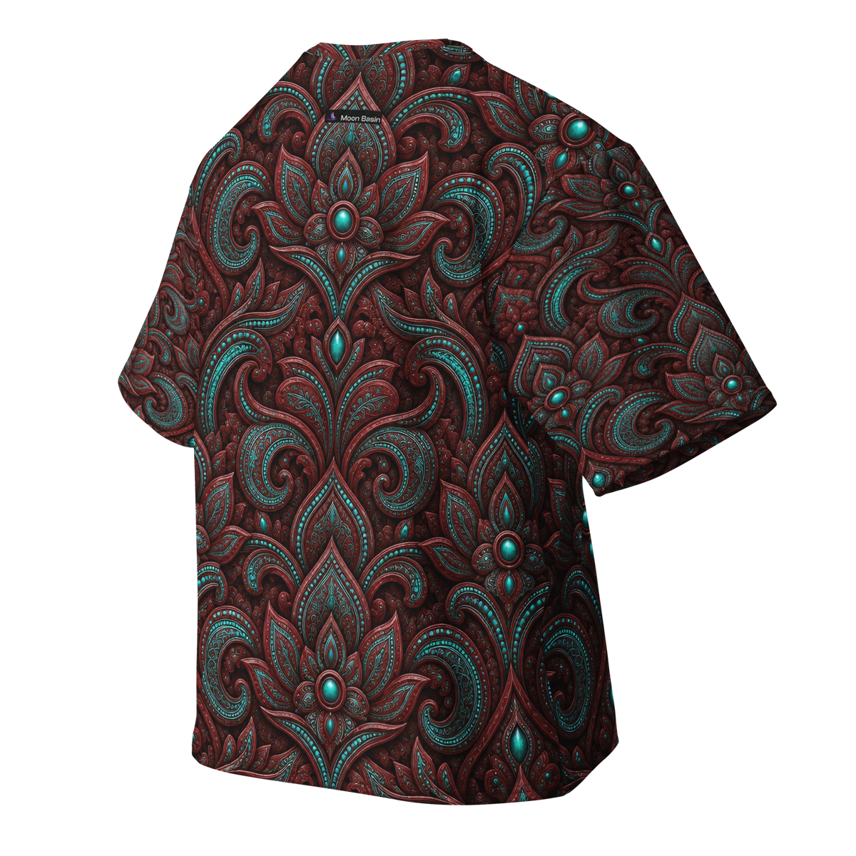 Raina Terrain all-over print oversized tee, back with Moon Basin nape mark