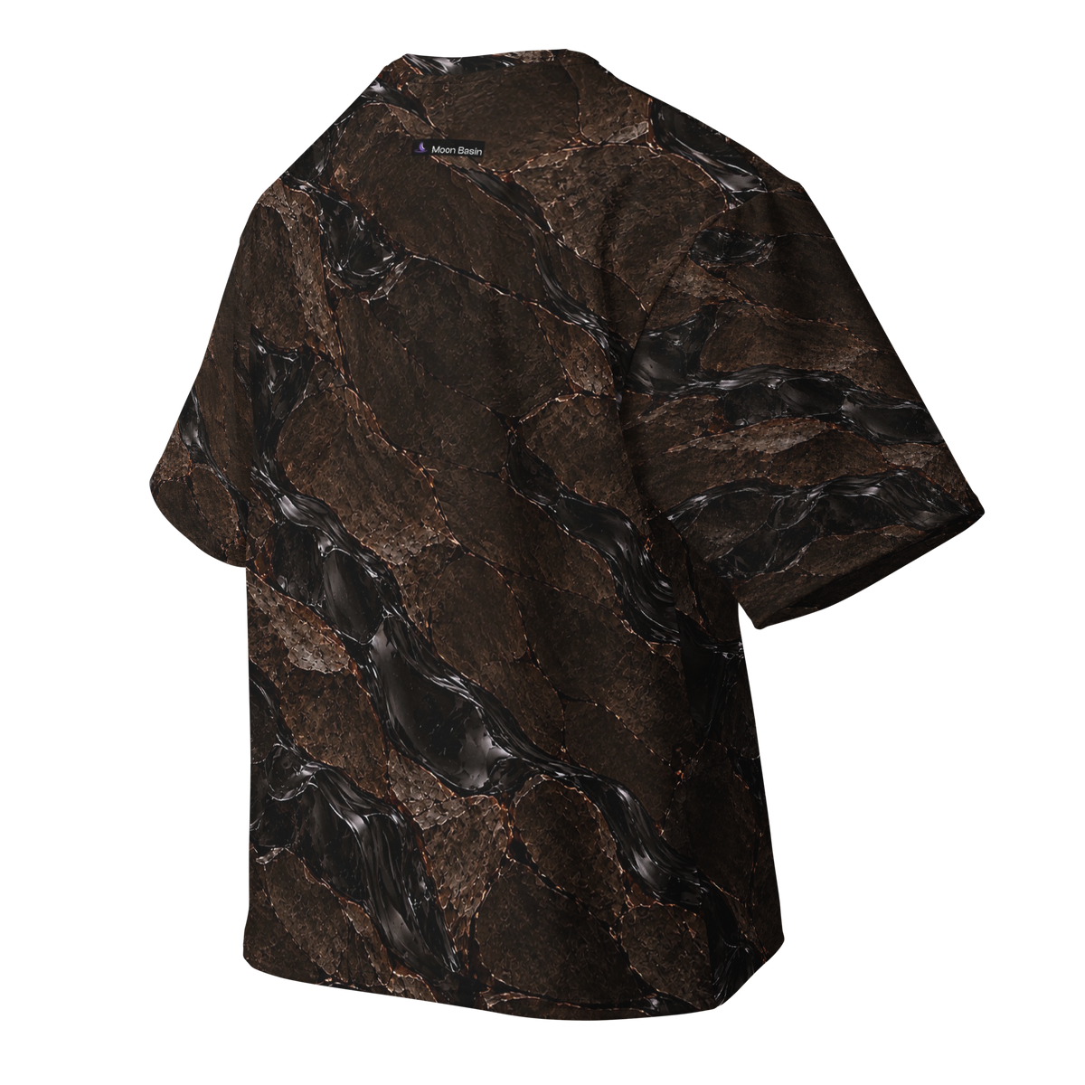 Lucid Detonation Terrain all-over print oversized tee, back with Moon Basin nape mark