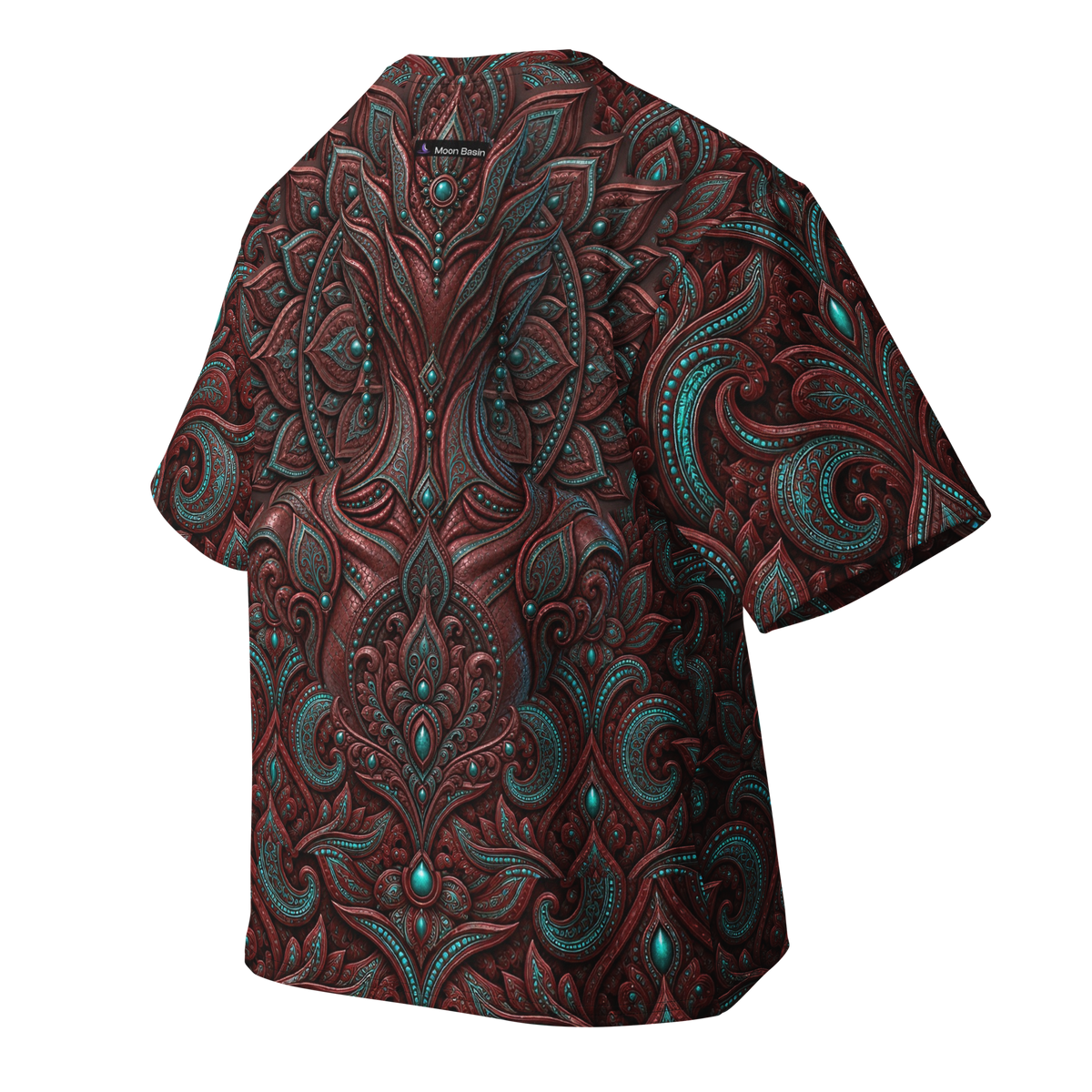 Raina all-over print oversized tee, back with Moon Basin nape mark