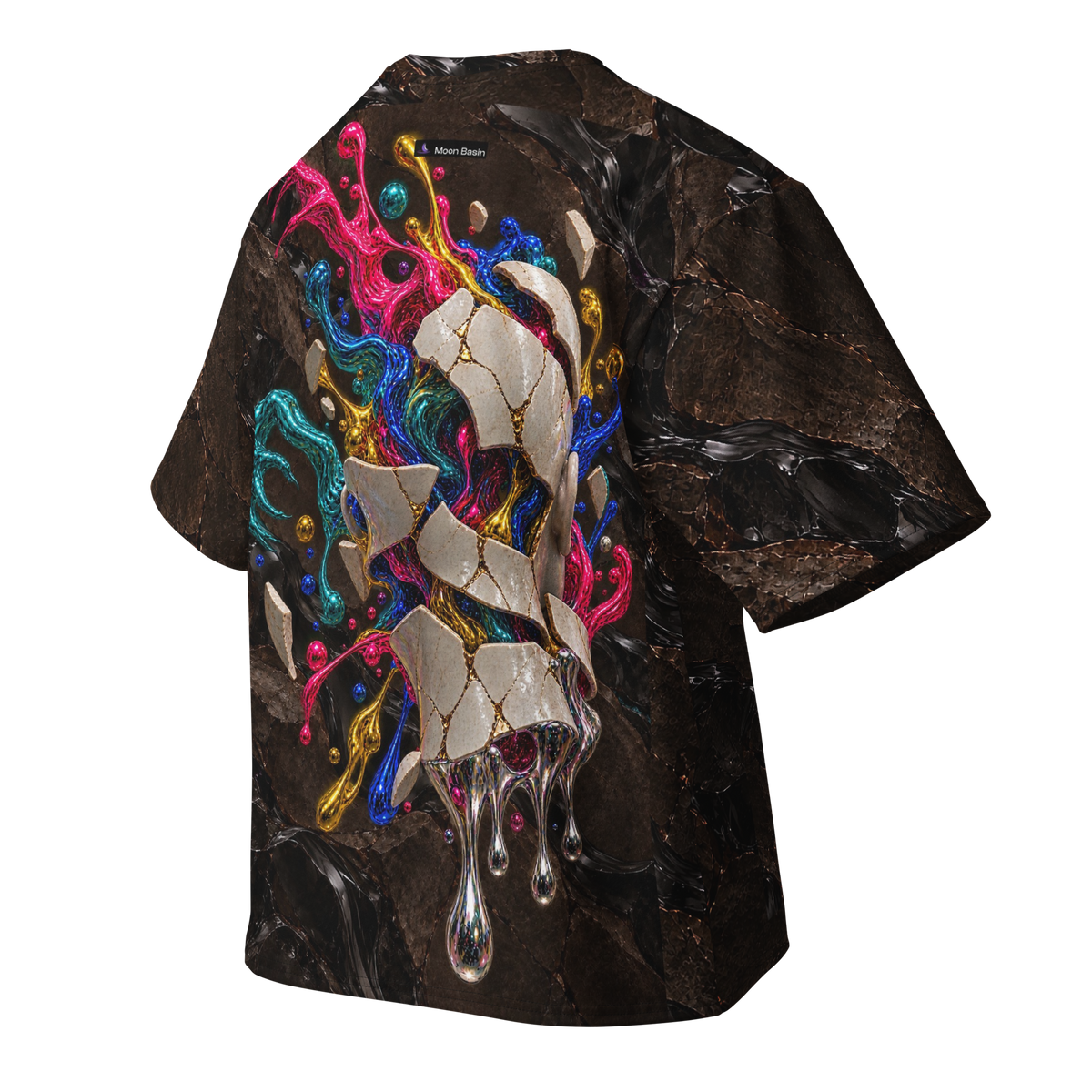 Lucid Detonation all-over print oversized tee, back with Moon Basin nape mark