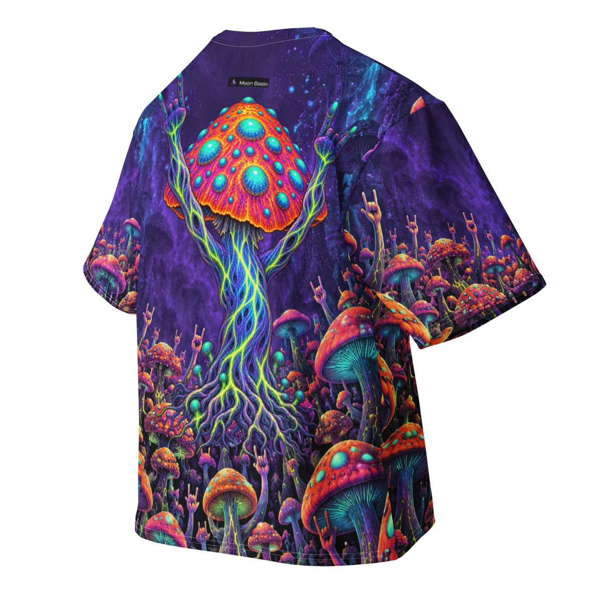Mushroom Rocker oversized tee, back, with the Moon Basin nape mark