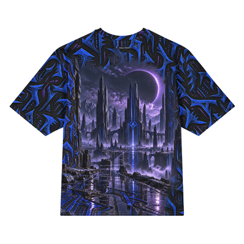 Void Circuit all-over print oversized tee, back with Moon Basin nape mark