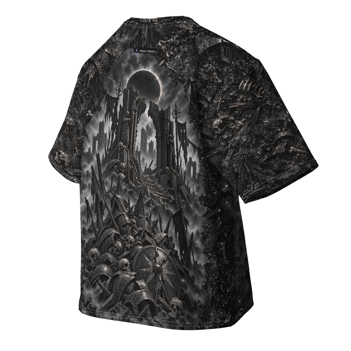Ash and Bone all-over print oversized tee, back ghost view with Moon Basin mark at the nape
