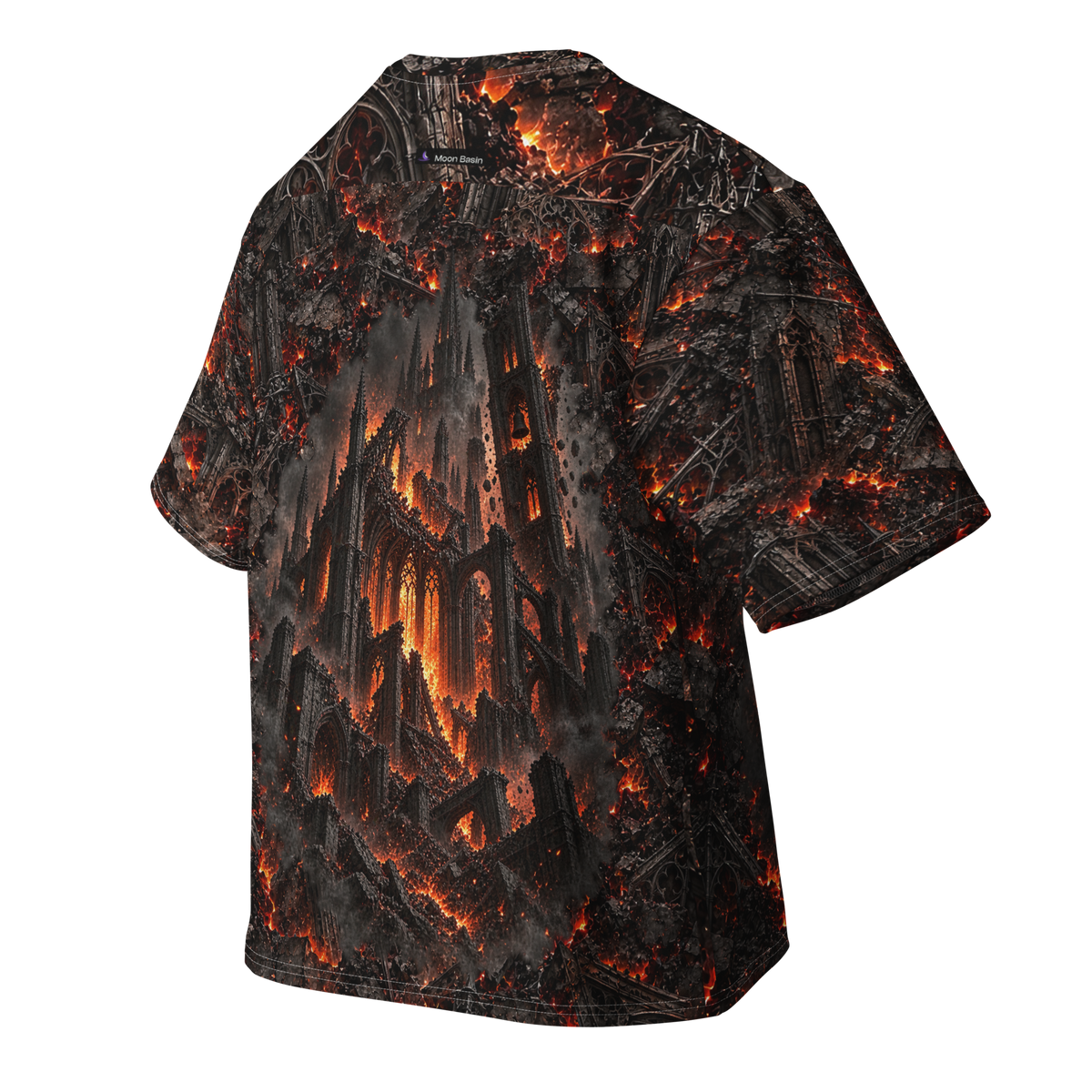Fire and Ruin all-over print oversized tee, back ghost view with Moon Basin mark at the nape
