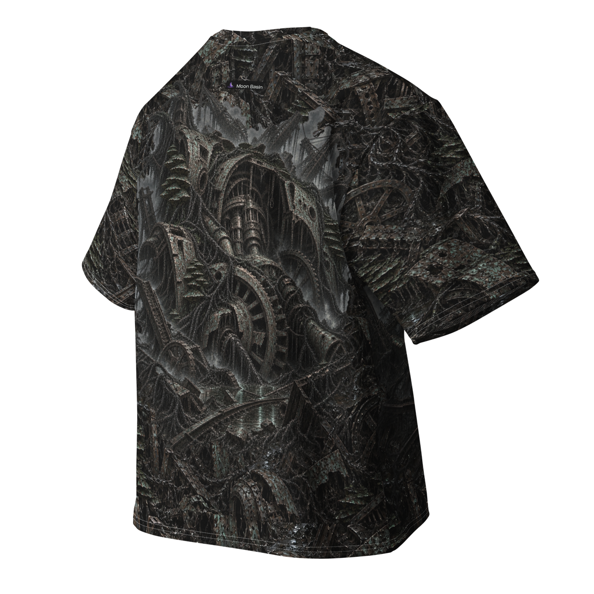 Rot and Iron all-over print oversized tee, back ghost view with Moon Basin mark at the nape