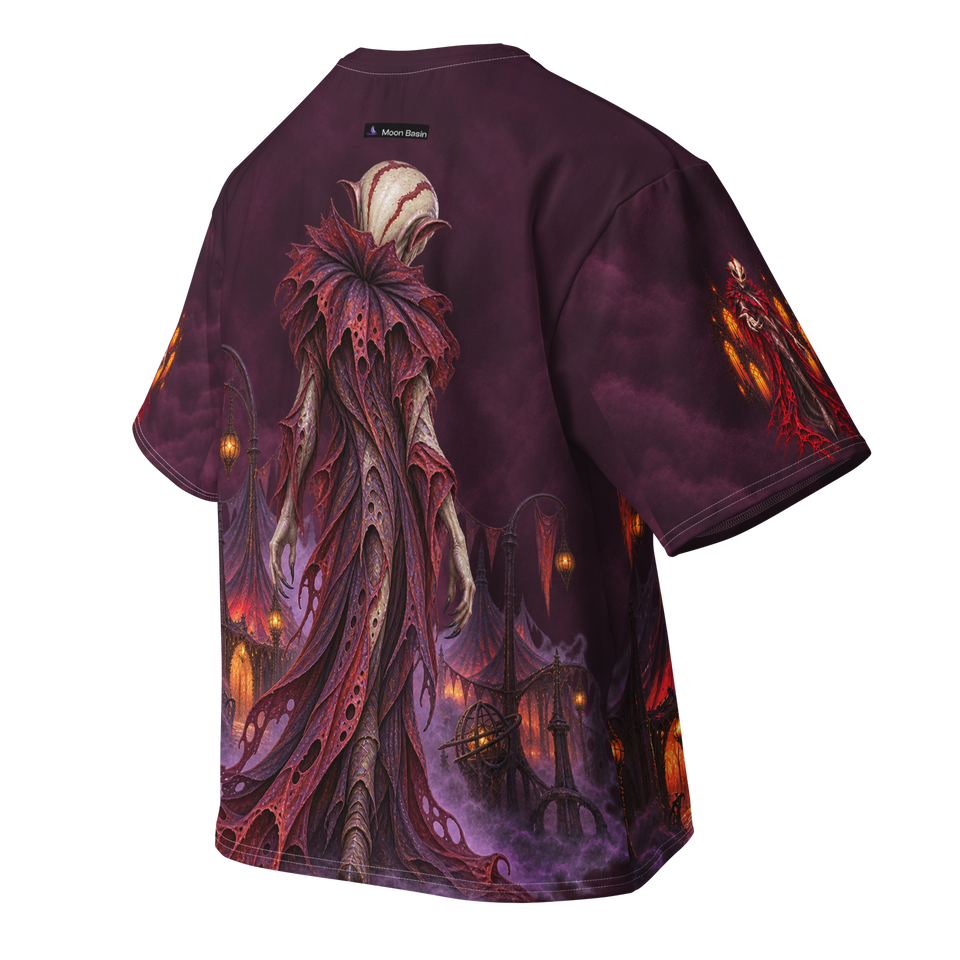 Carnival Visitor all-over print oversized tee, back ghost view with Moon Basin mark at the nape