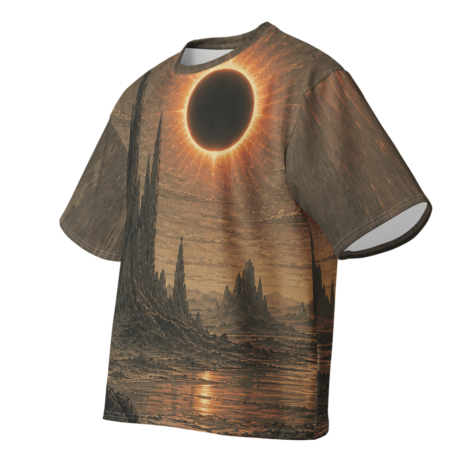 Khaki Eclipse Basin all over print oversized tee, front view