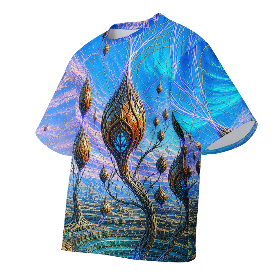 Gravity Orchard Basin all over print oversized tee, front view