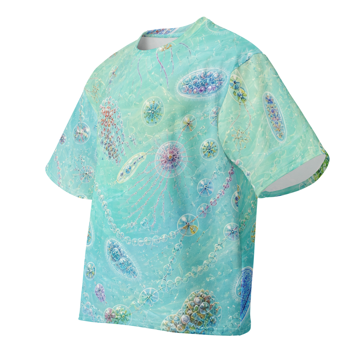 Protozoa Drift Lagoon all-over print oversized cotton T-shirt, front ghost view