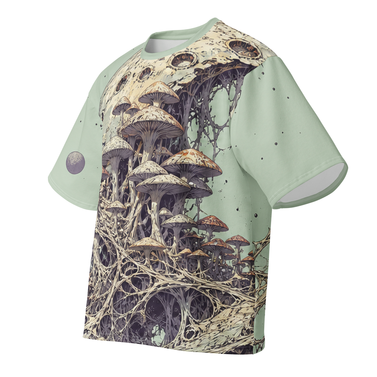 Orbital Mycelium all over print oversized tee, front ghost view