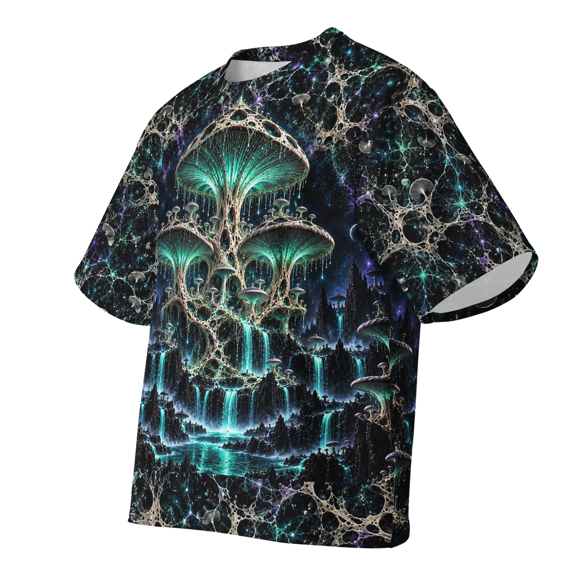 Orbital Mycelium Grove all over print oversized tee, front ghost view