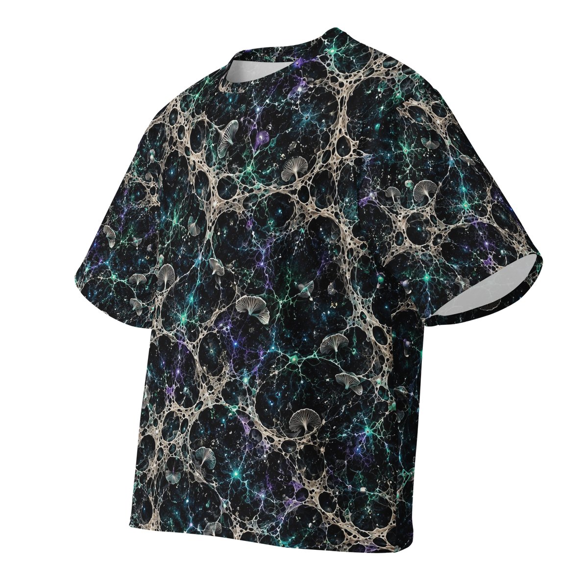 Orbital Mycelium Terrain all over print oversized tee, front ghost view