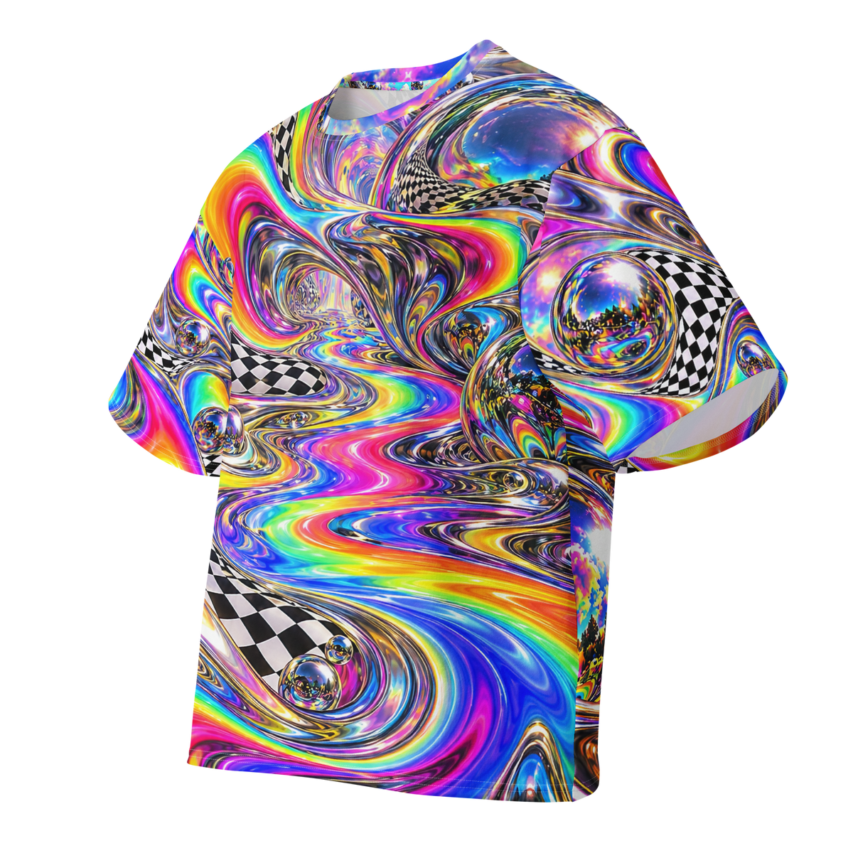 Chromatic Meltdown Terrain all-over print oversized tee, front