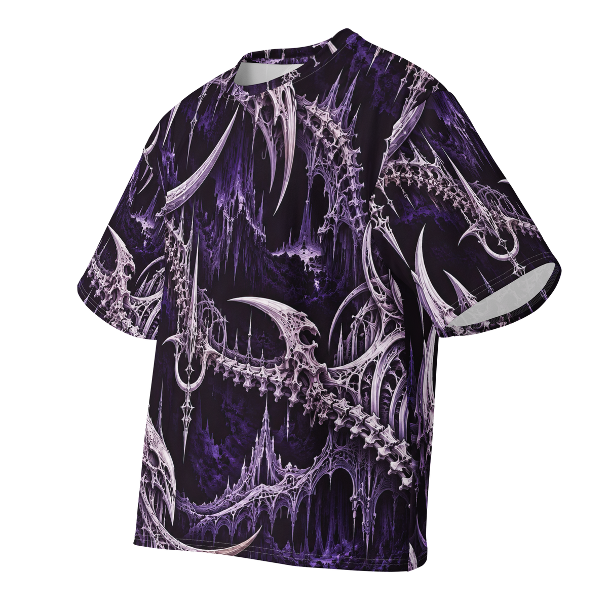 Ossuary Crown Violet Terrain all-over print oversized tee, front