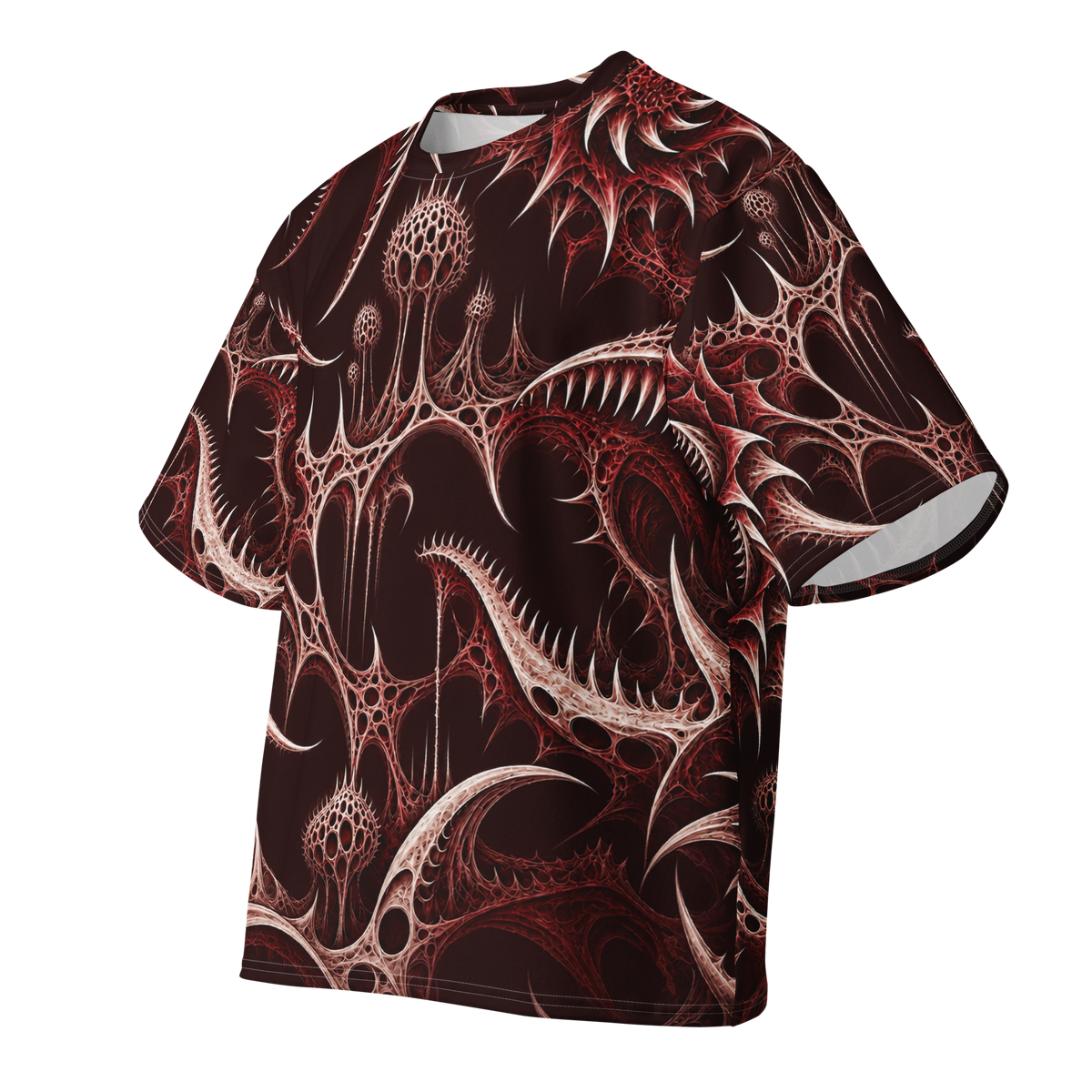 Thornjaw Oxblood Terrain all-over print oversized tee, front