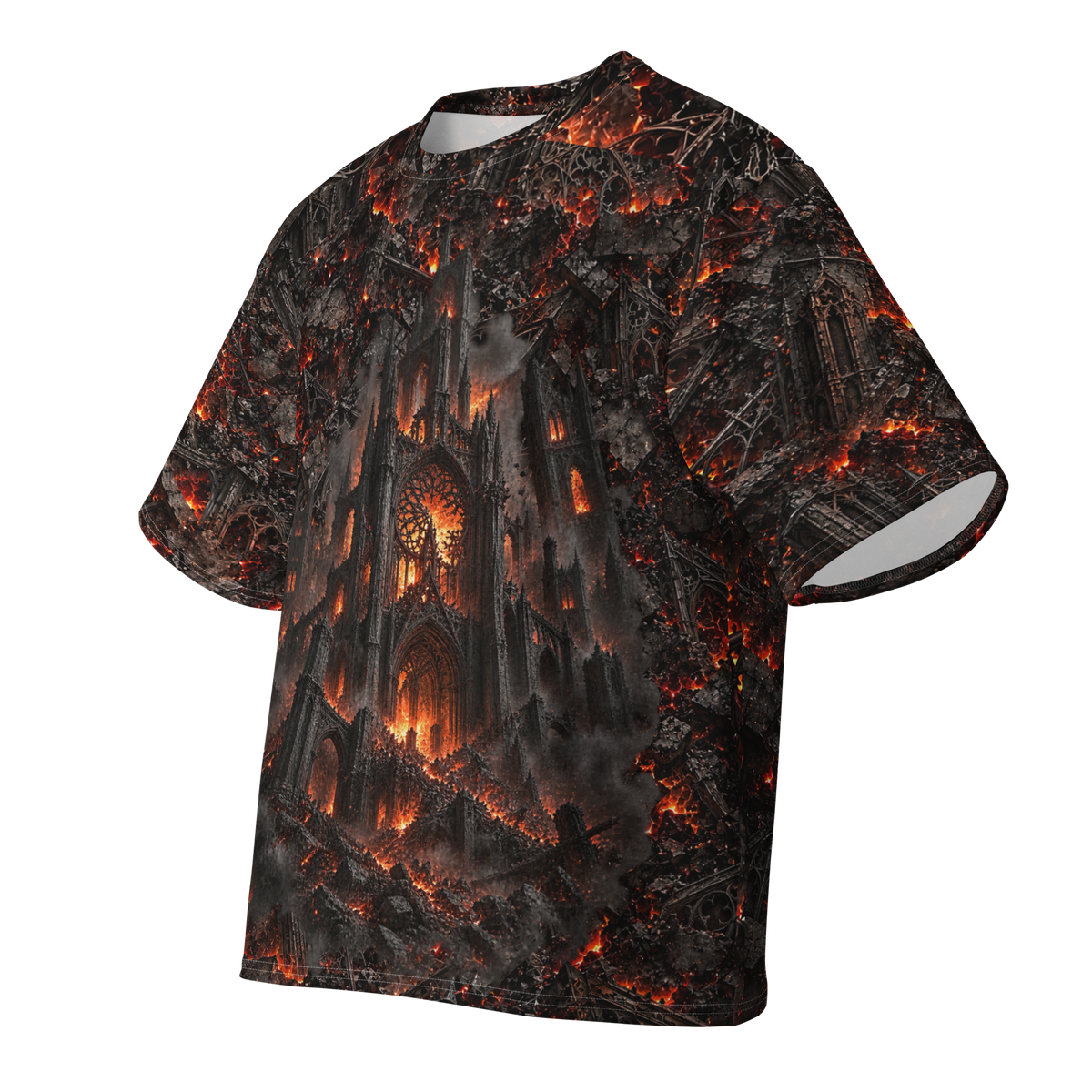 Fire and Ruin all-over print oversized tee, front ghost view