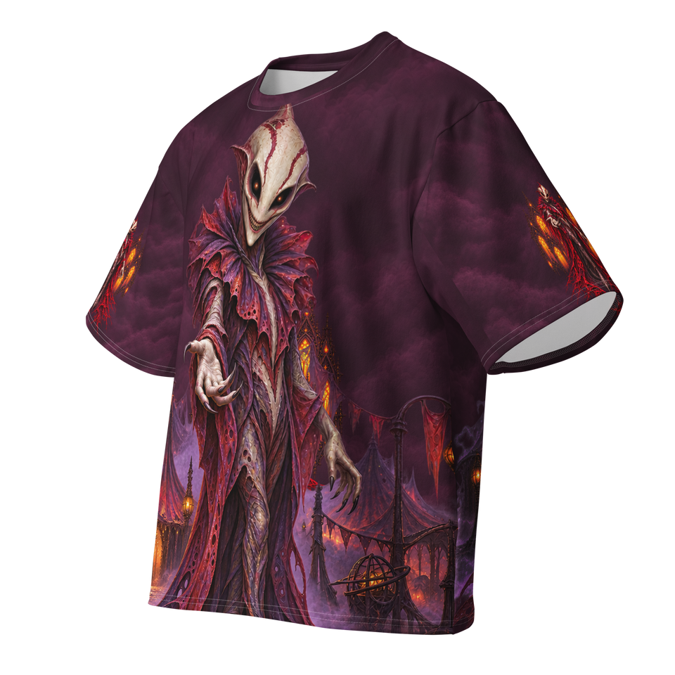 Carnival Visitor all-over print oversized tee, front ghost view