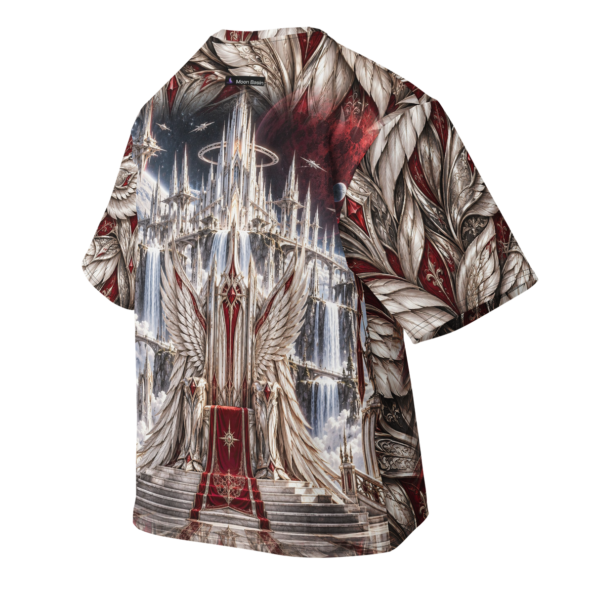 Andromeda Valkyrie all-over print oversized tee, back with Moon Basin nape mark
