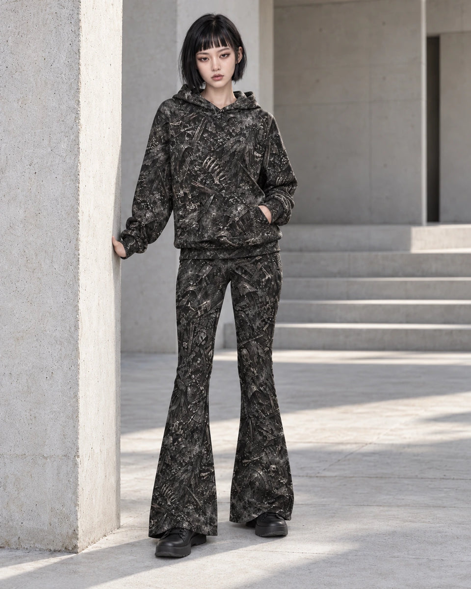 Matching outfit: Full-length model wearing Ash and Bone flare leggings styled with Ash and Bone Terrain Hoodie.