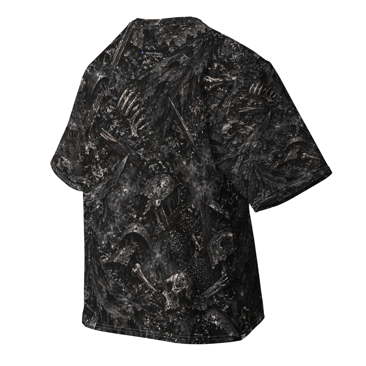 Ash and Bone Terrain all-over print oversized tee, back with Moon Basin nape mark