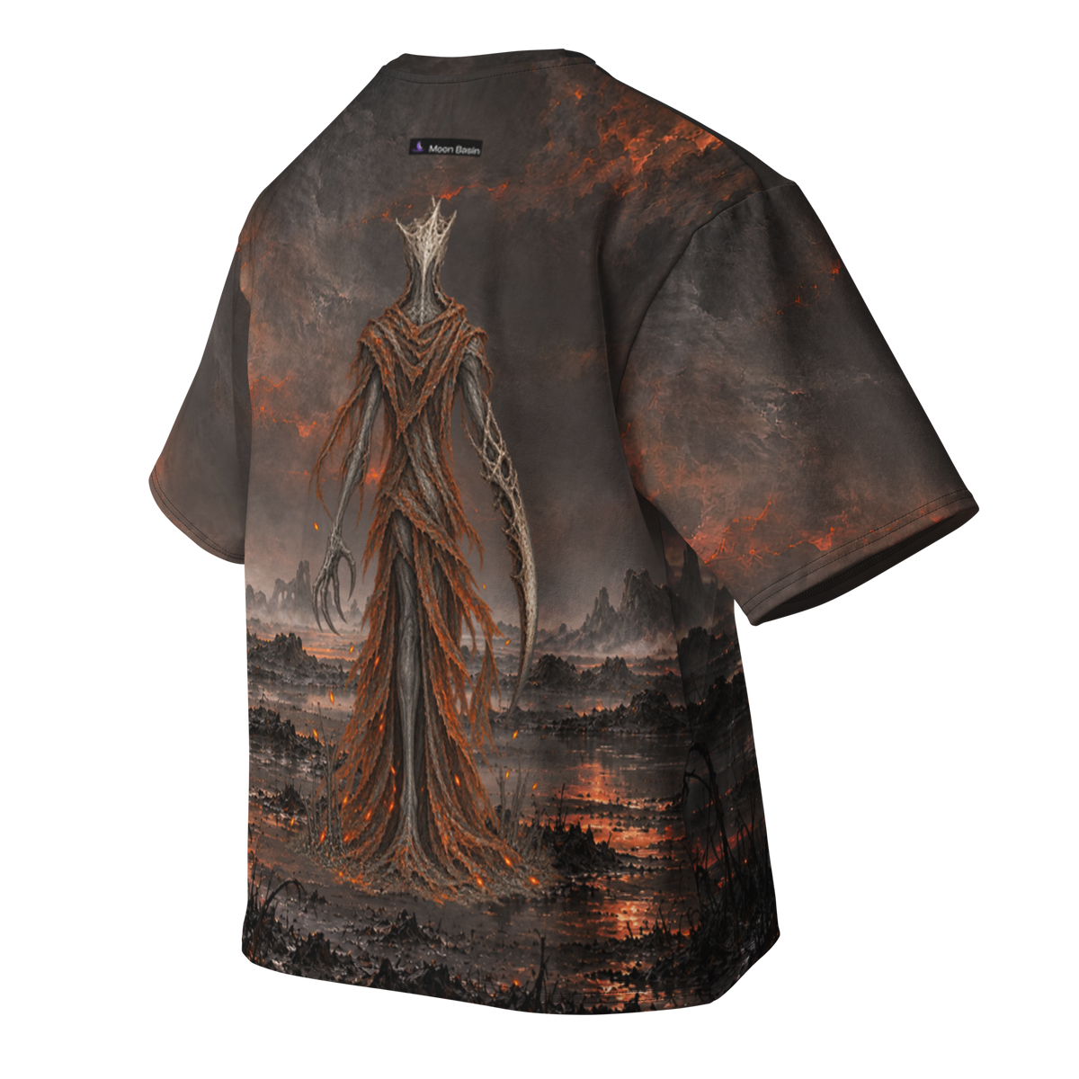 Ashen Reaper all-over print oversized tee, back with Moon Basin nape mark
