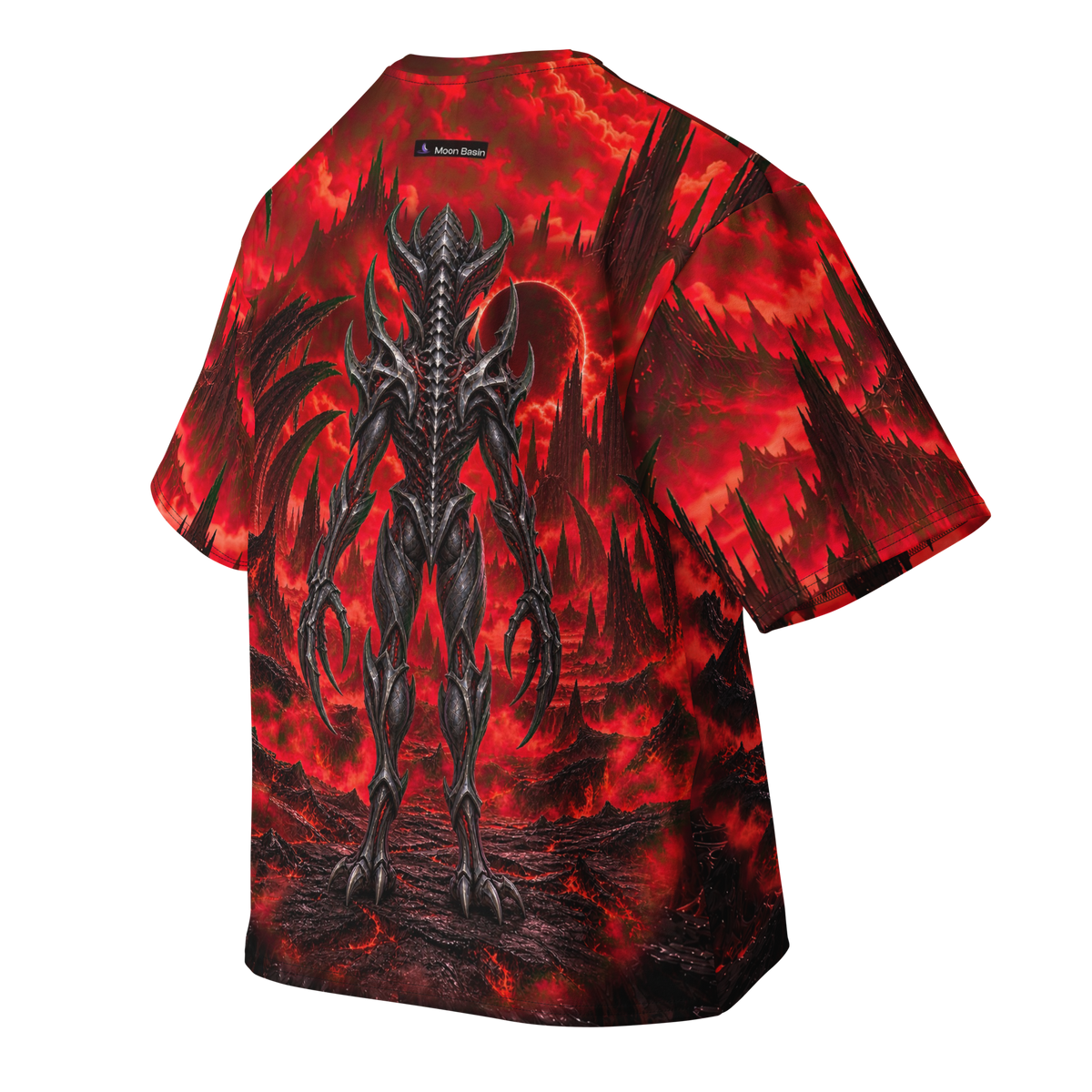 Bloodmoon Tyrant all-over print oversized tee, back with Moon Basin nape mark