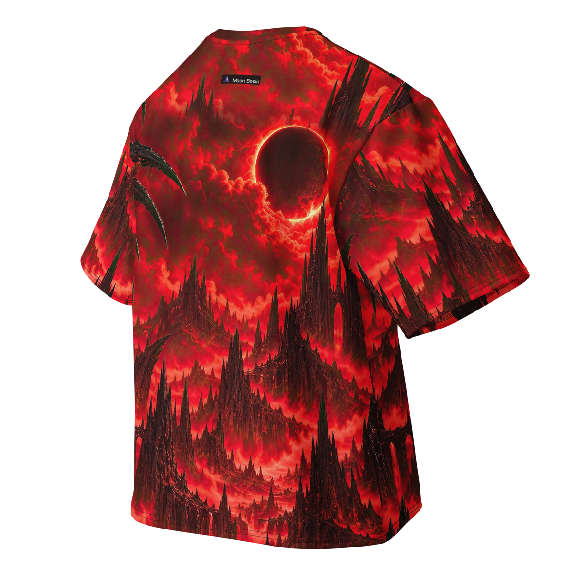 Bloodmoon Tyrant Terrain all-over print oversized tee, back with Moon Basin nape mark
