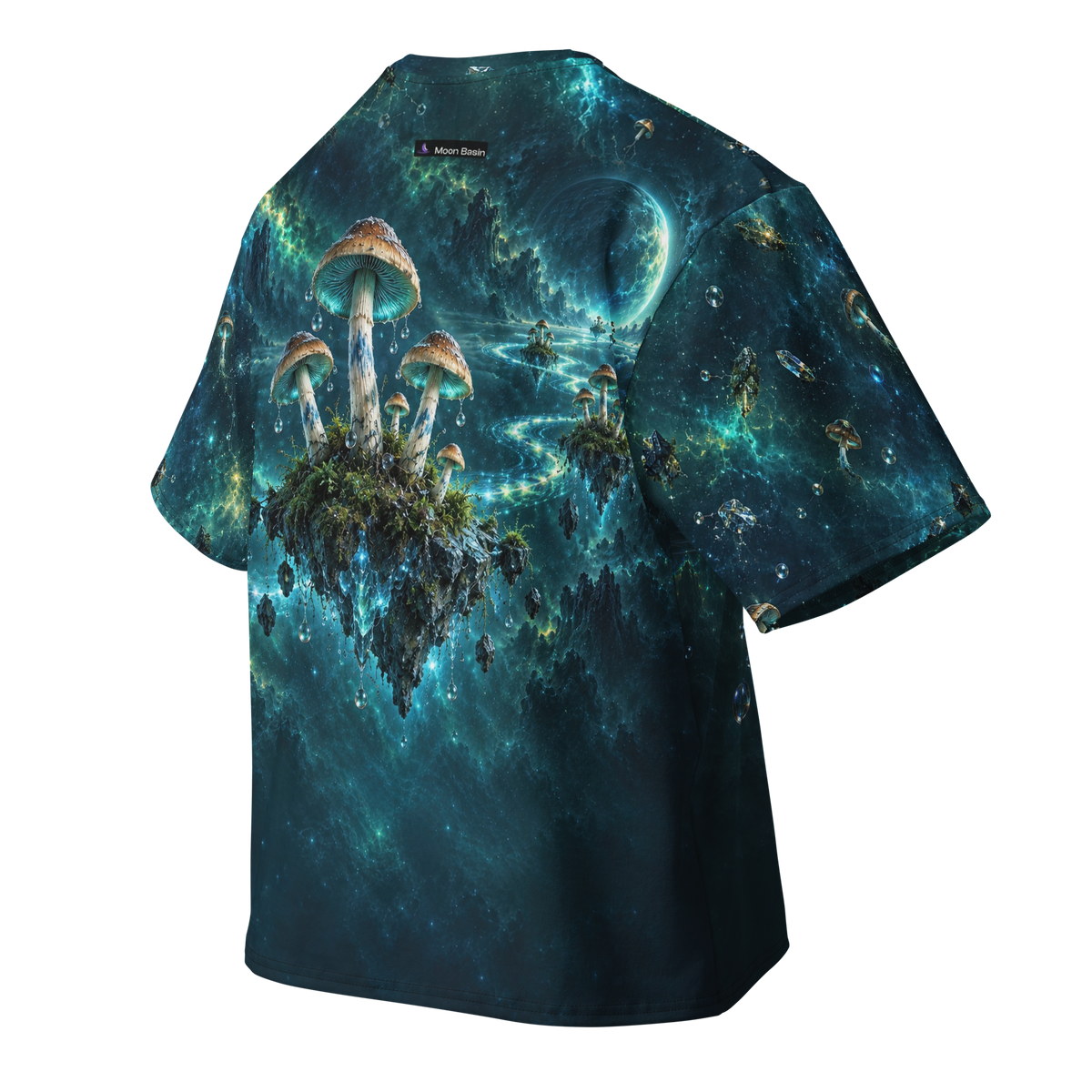 Blue Bruise Garden all-over print oversized tee, back with Moon Basin nape mark