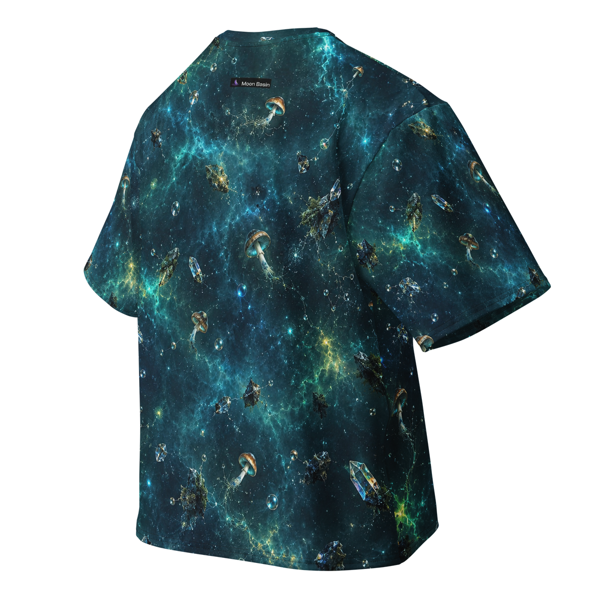Blue Bruise Garden Terrain all-over print oversized tee, back with Moon Basin nape mark