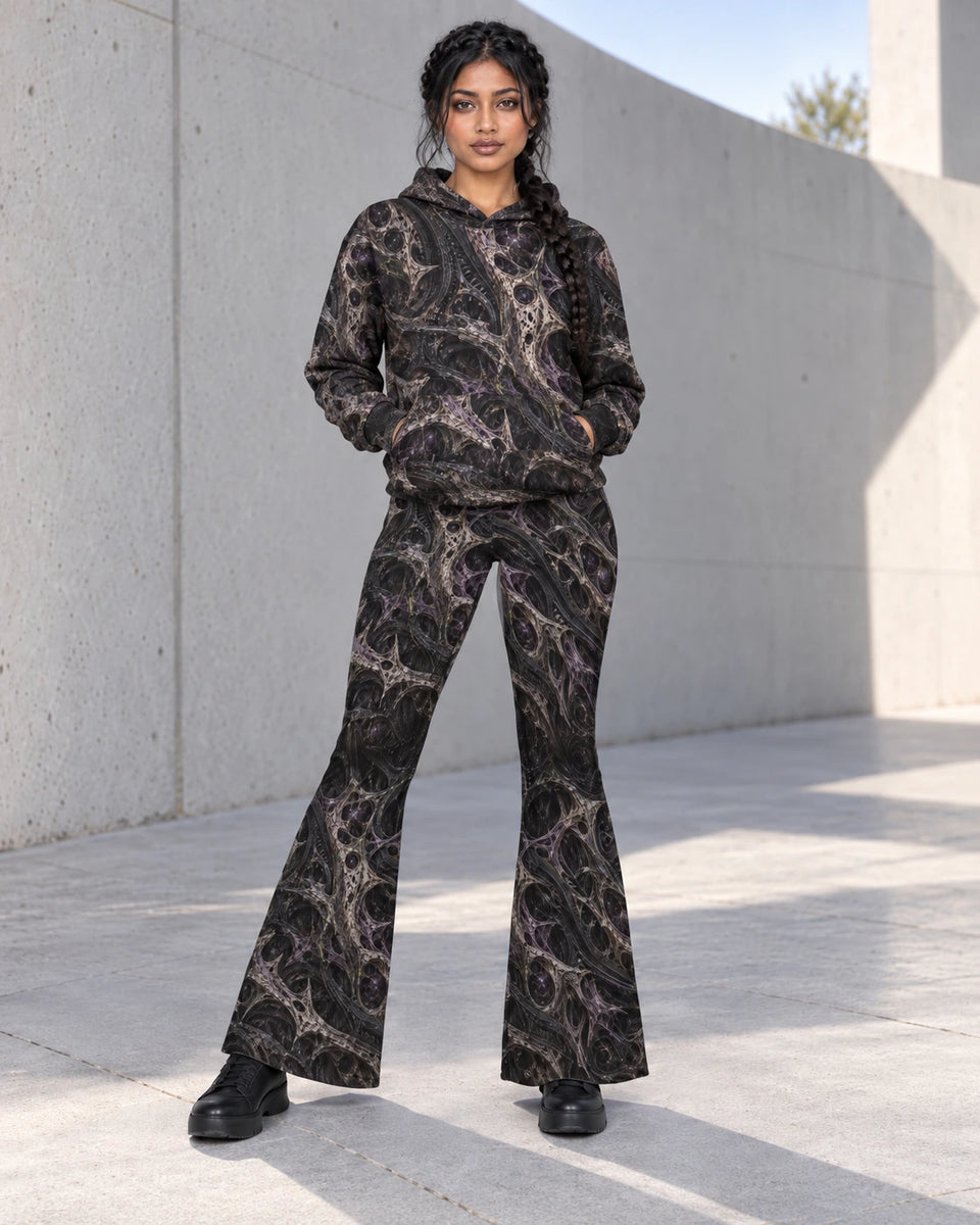 Matching outfit: Full-length model wearing Breachborn flare leggings styled with Breachborn Terrain Hoodie.