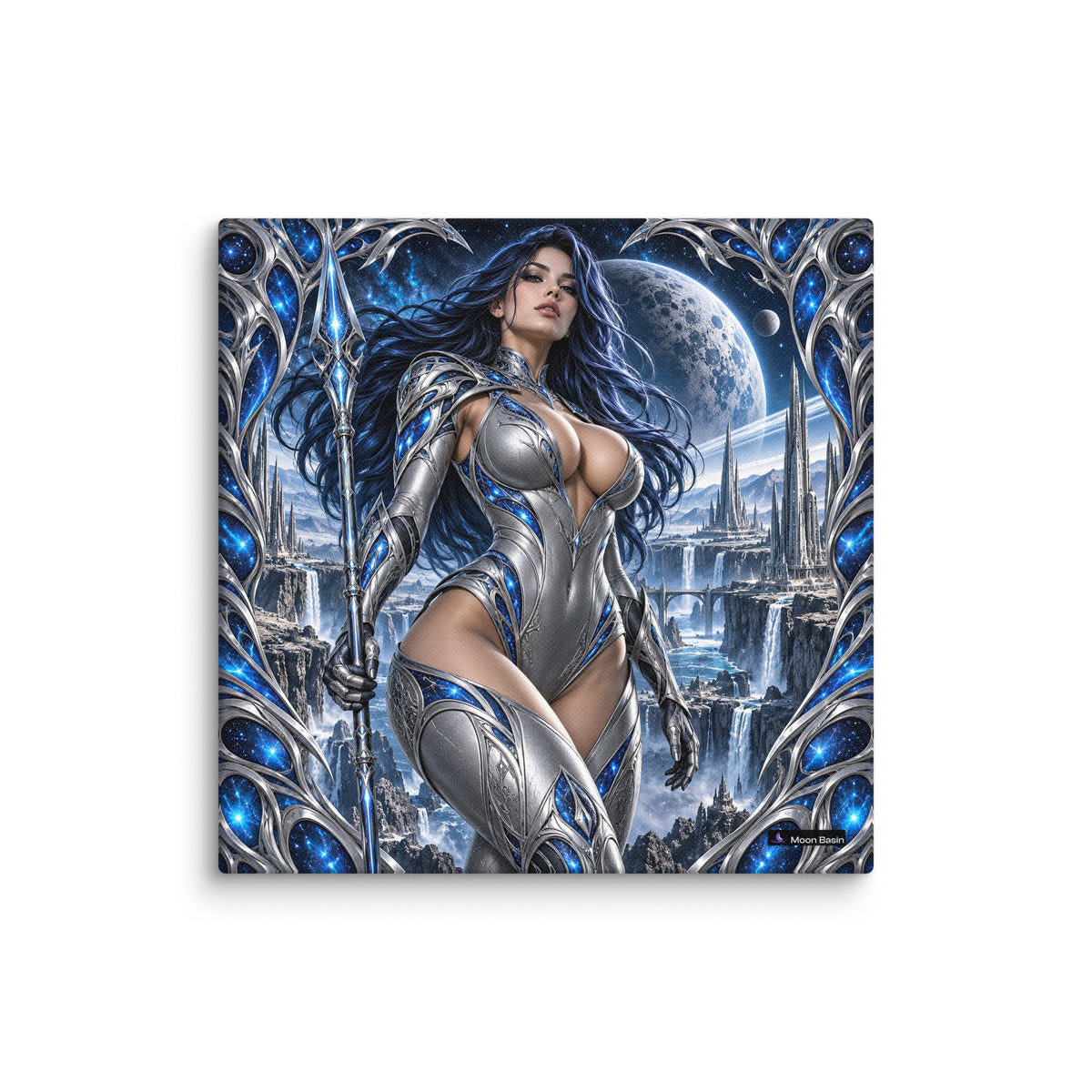 Nebula Huntress canvas print, 10 by 10 inch, on a white wall