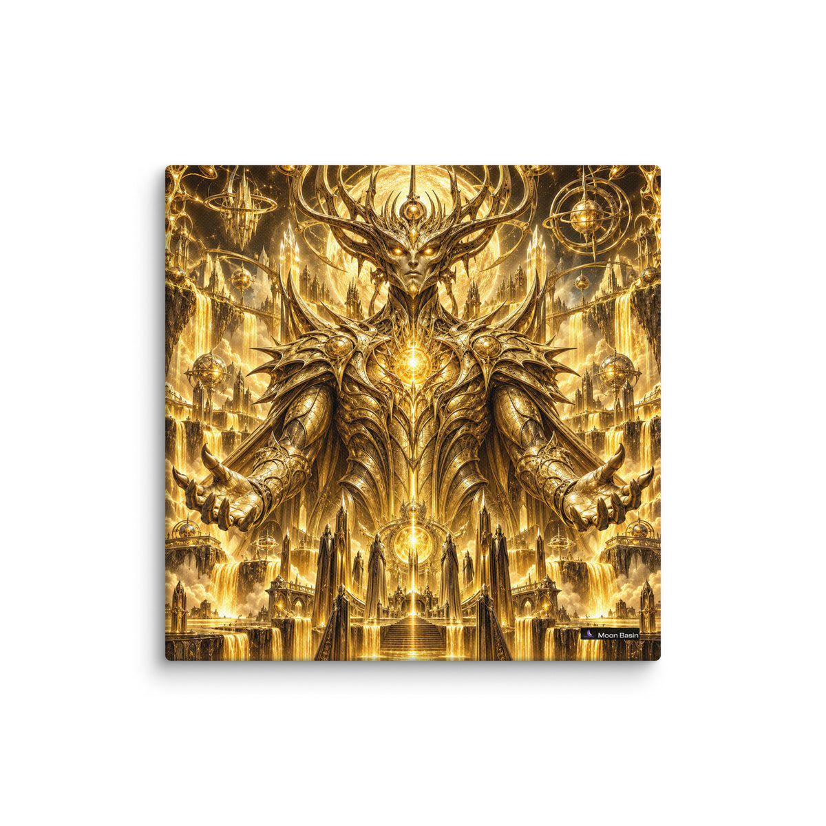 Gold canvas print, 10 by 10 inch, on a white wall