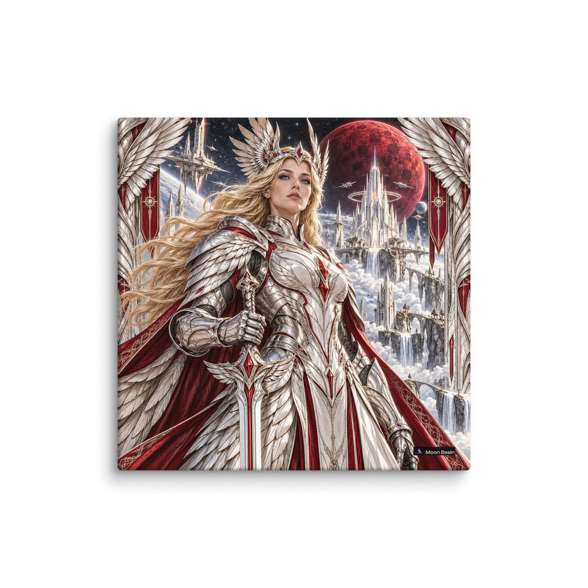 Andromeda Valkyrie canvas print, 10 by 10 inch, on a white wall