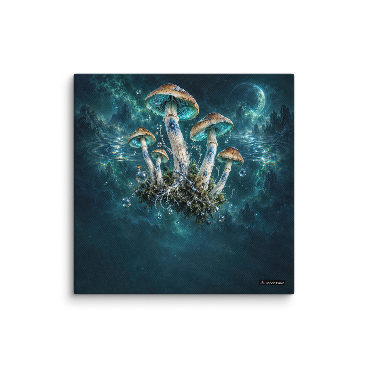 Blue Bruise Garden canvas print, 10 by 10 inch, on a white wall