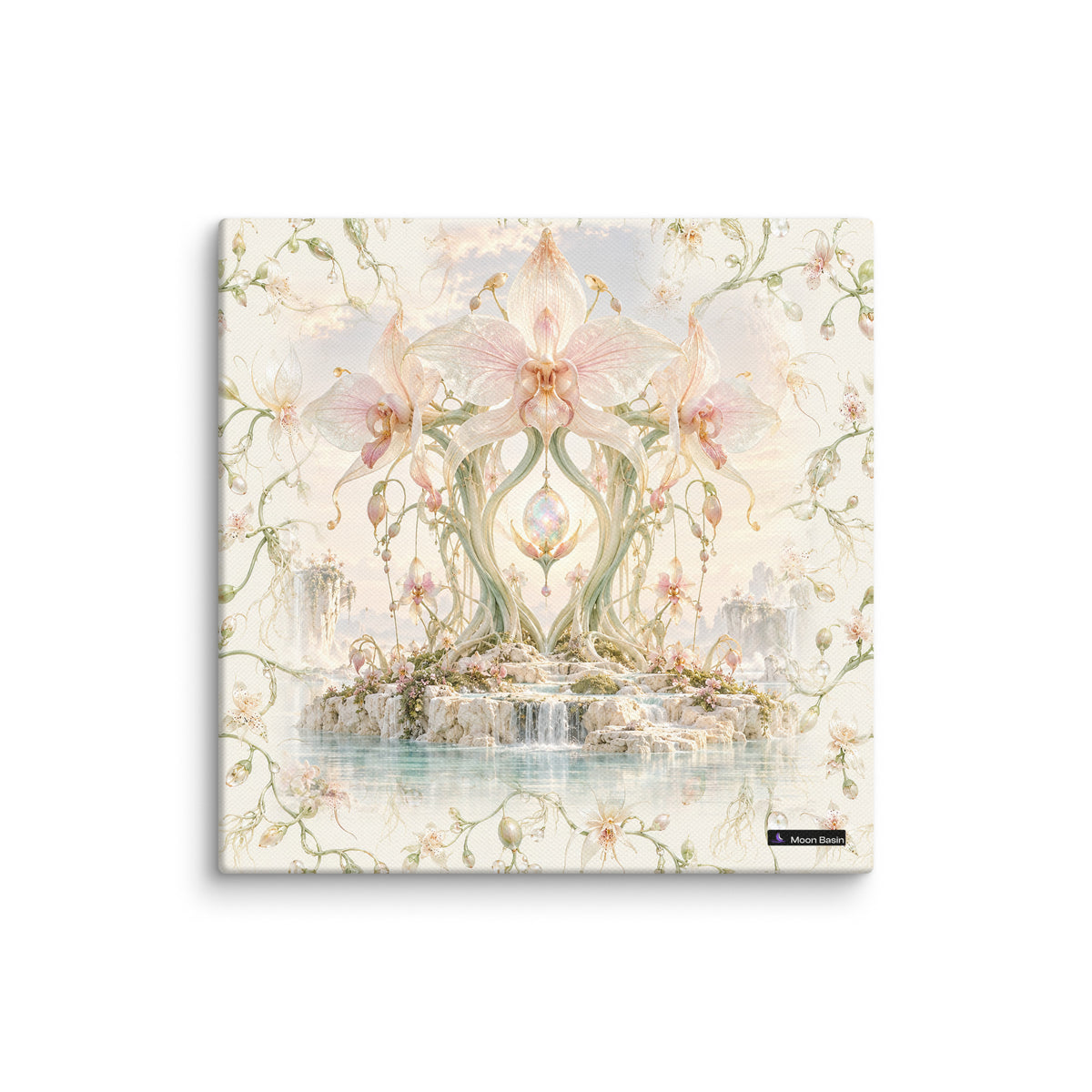 Alien Orchid Sanctuary canvas print, 10 x 10 inch, on a white wall