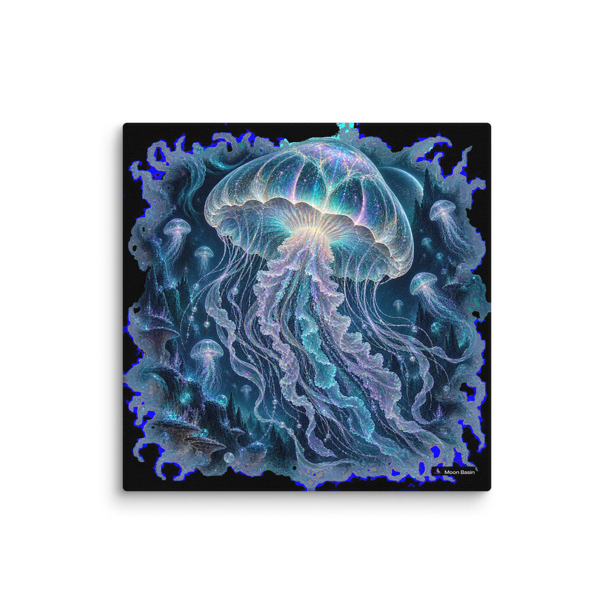 Alien Jellyfish canvas print, 10 x 10 inch, on a white wall