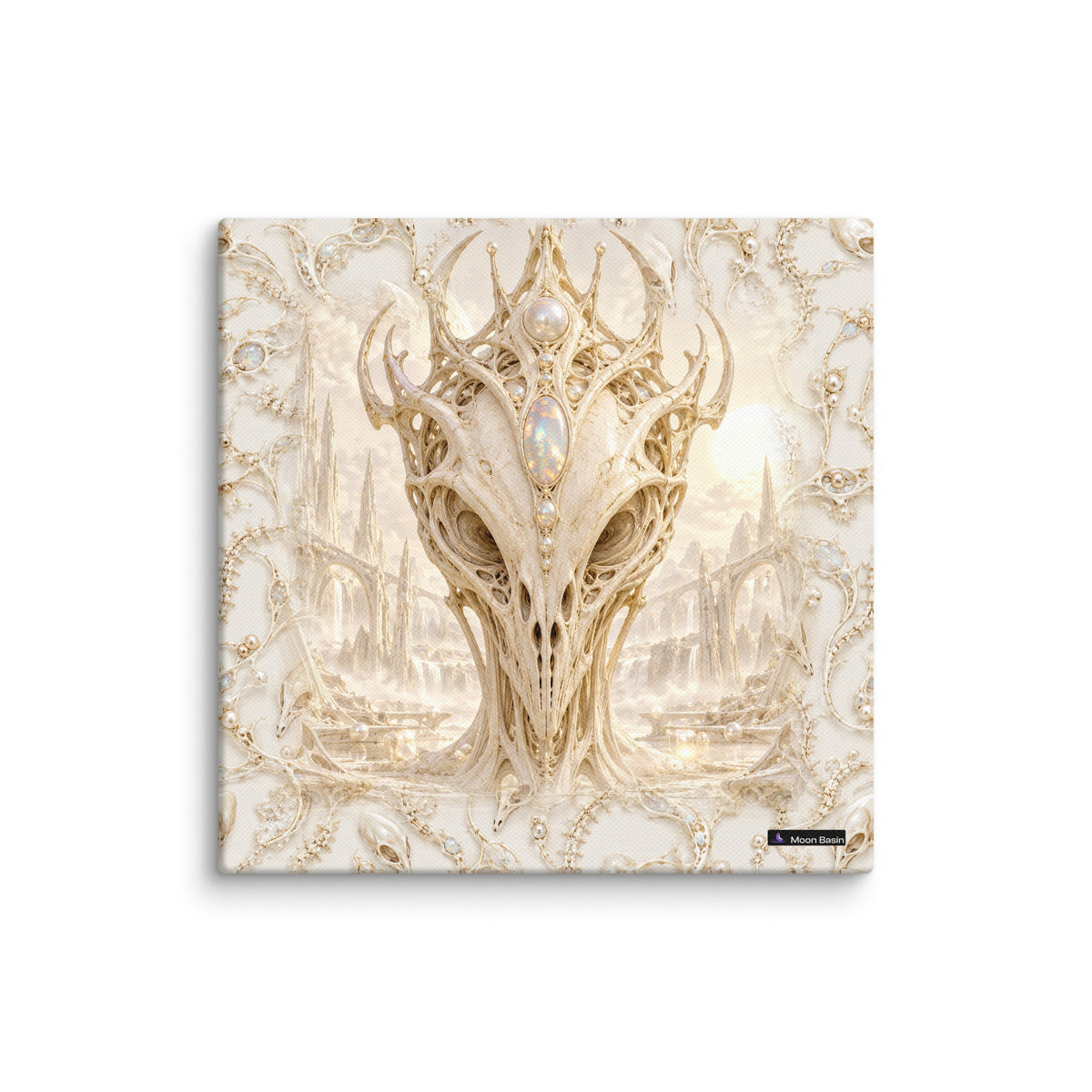 Ivory Alien Skulls canvas print, 10 x 10 inch, on a white wall