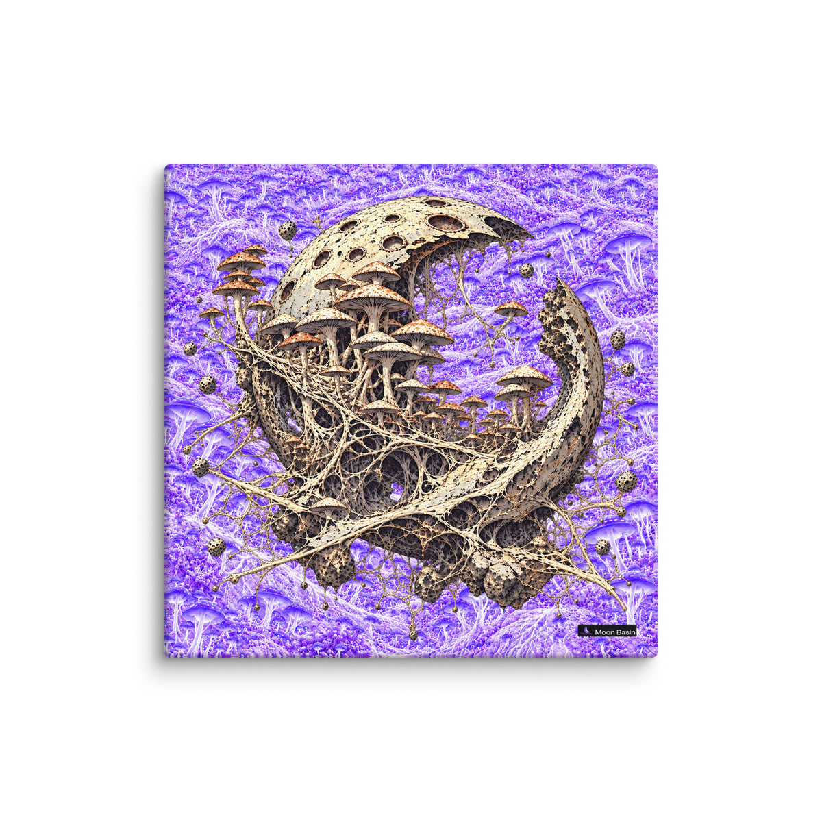 Orbital Mycelium canvas print, 10 x 10 inch, on a white wall