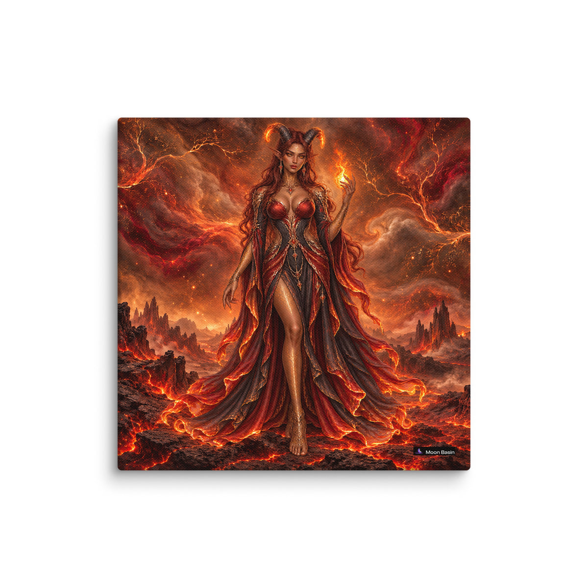 Fire Witch canvas print, 10 by 10 inch, on a white wall