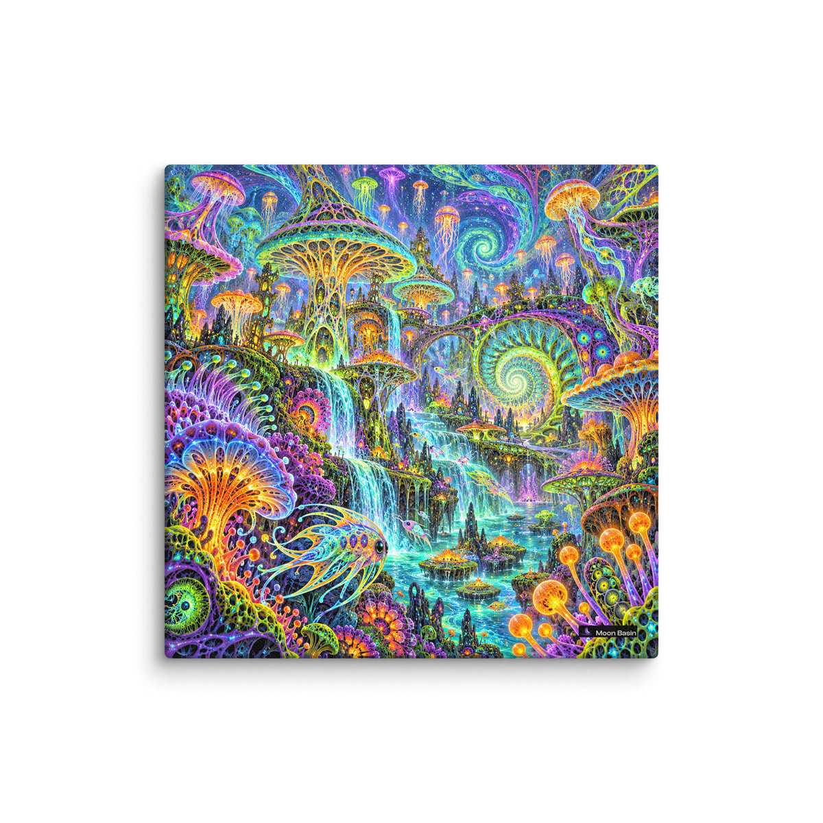 Cosmic Mycelium Rave canvas print, 10 by 10 inch, on a white wall