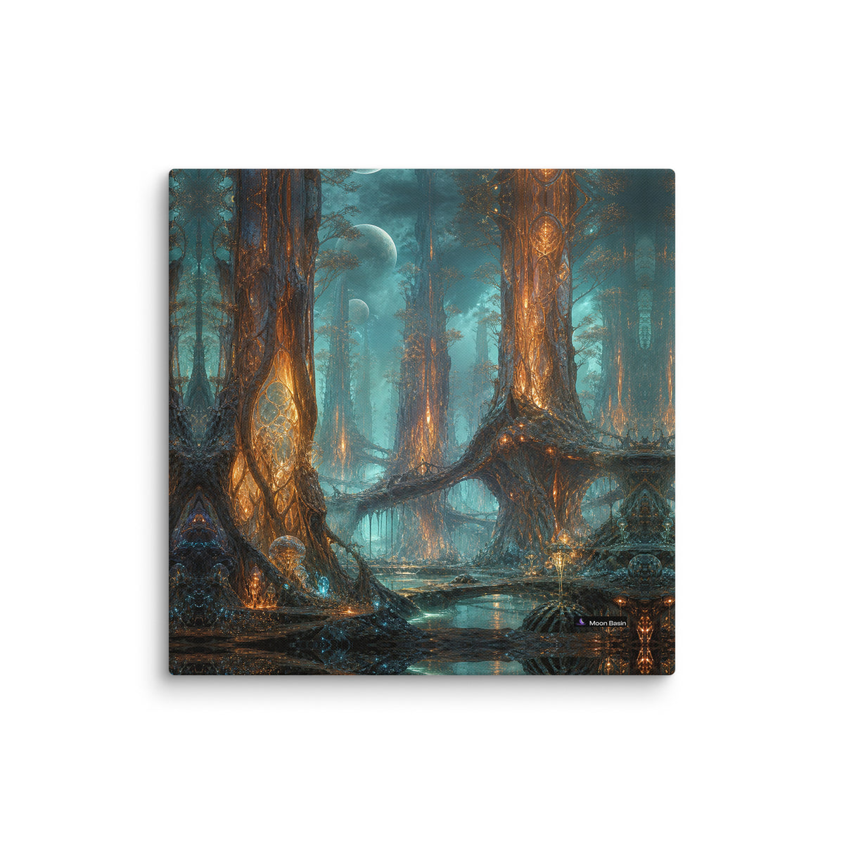 Alien Redwood Cathedral canvas print, 20x20 inch, on a white wall