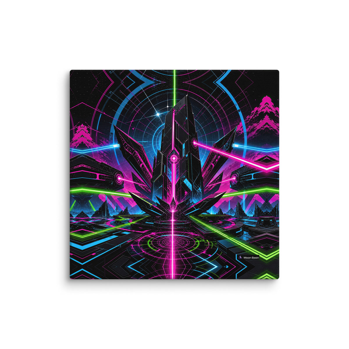 Laser Orchid Monolith canvas print, 20x20 inch, on a white wall