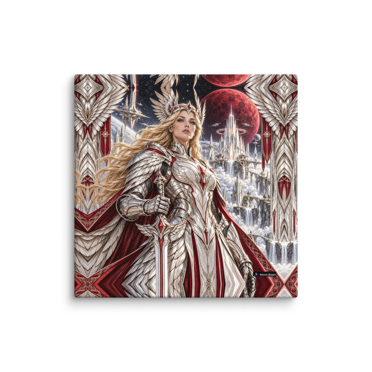 Andromeda Valkyrie canvas print, 20 by 20 inch, on a white wall