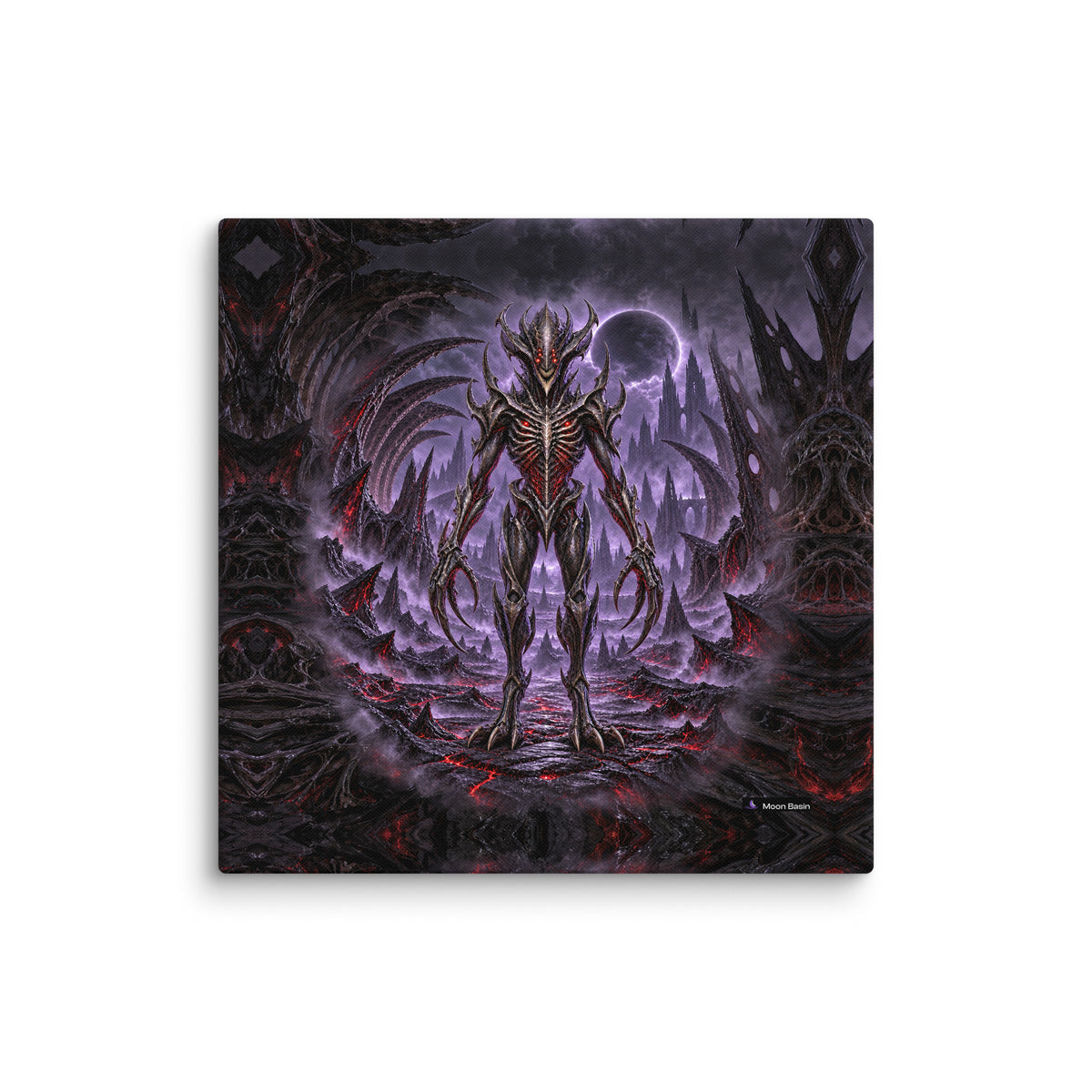 Crimson Marrow Tyrant canvas print, 20 x 20 inch, on a white wall