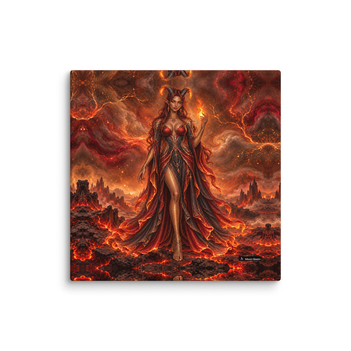 Fire Witch canvas print, 20 by 20 inch, on a white wall