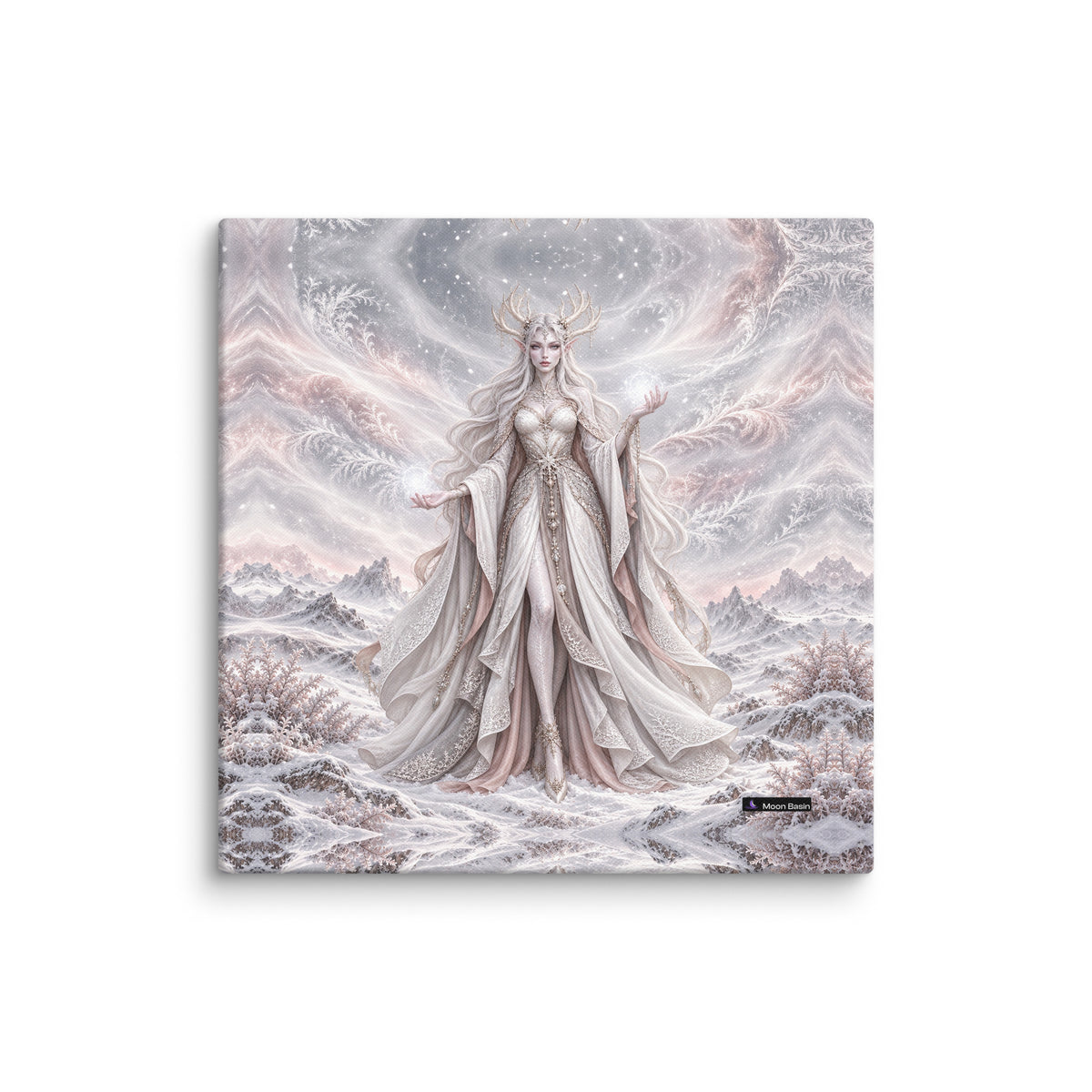 Snow Witch canvas print, 20 by 20 inch, on a white wall