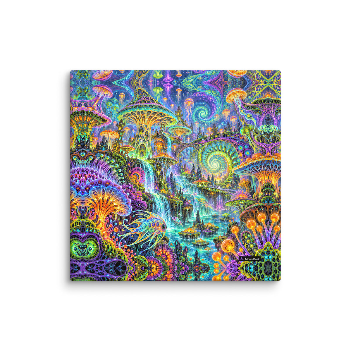 Cosmic Mycelium Rave canvas on a white wall