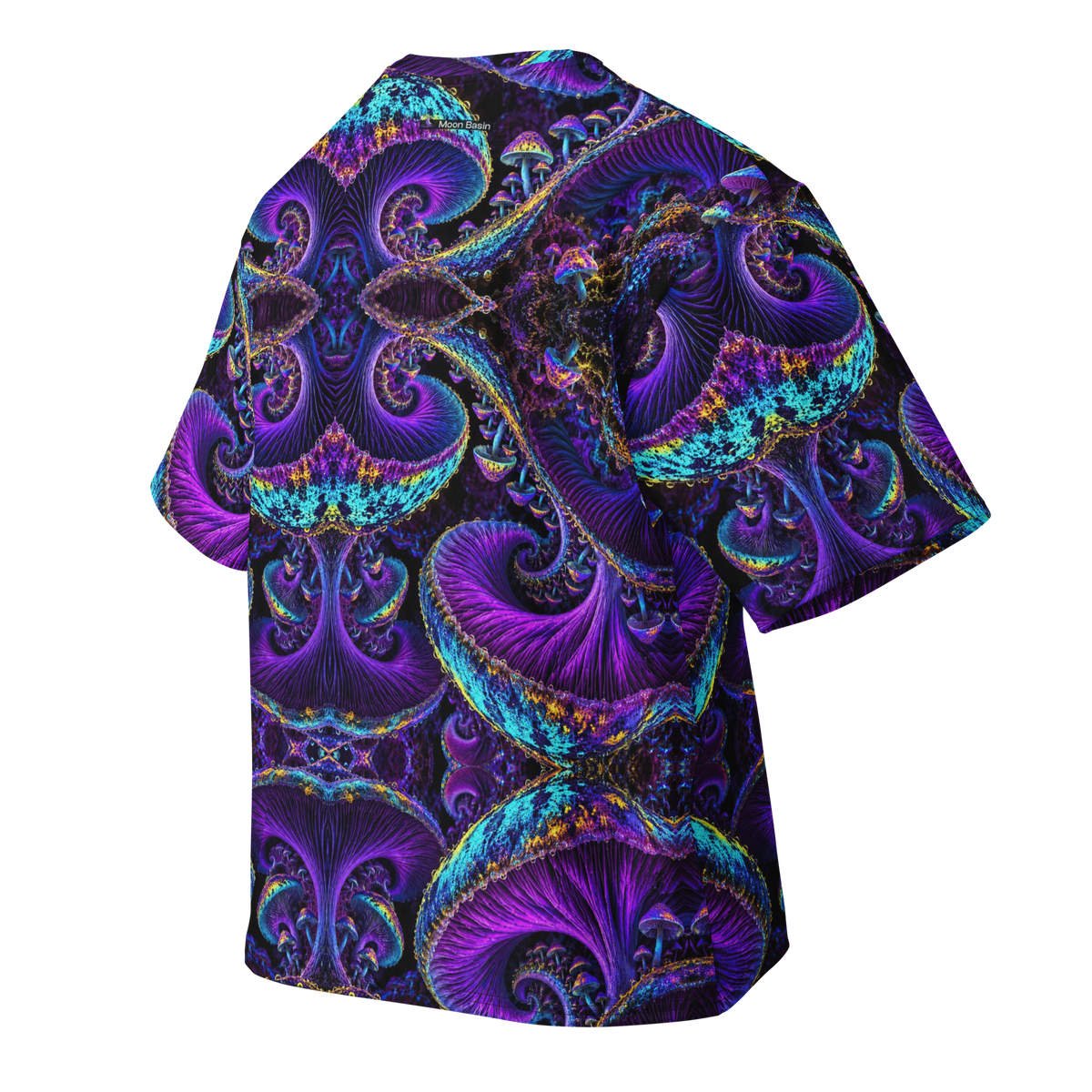 Chromatic Sporebloom Electric Violet Terrain all-over print oversized tee, back with Moon Basin nape mark
