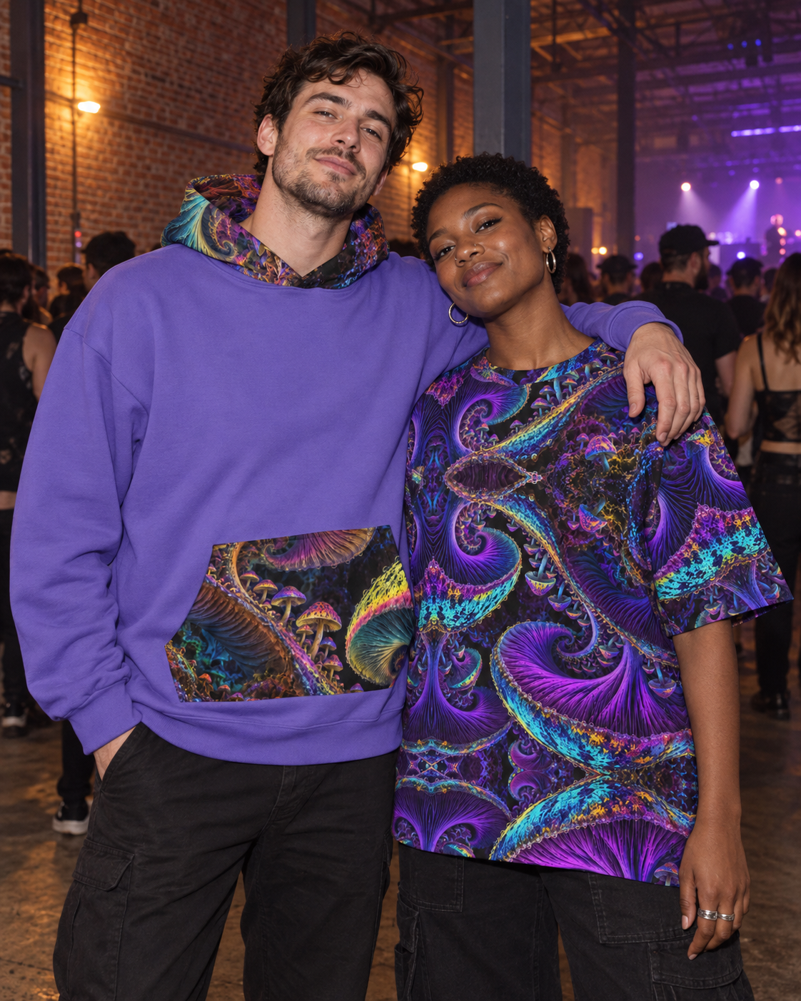 Chromatic Sporebloom Electric Violet Terrain Hoodie, oversized hoodie worn at a night event (AI lifestyle visualization)