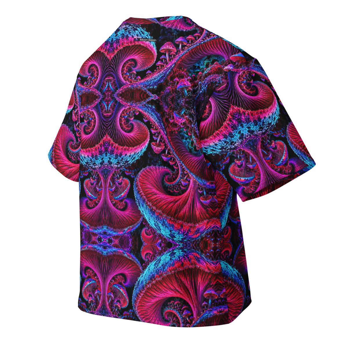 Chromatic Sporebloom Magenta Terrain all-over print oversized tee, back with Moon Basin nape mark